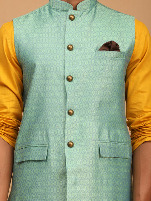 Men's Green Jacquard Nehru Jacket With Kurta Pyjama Set